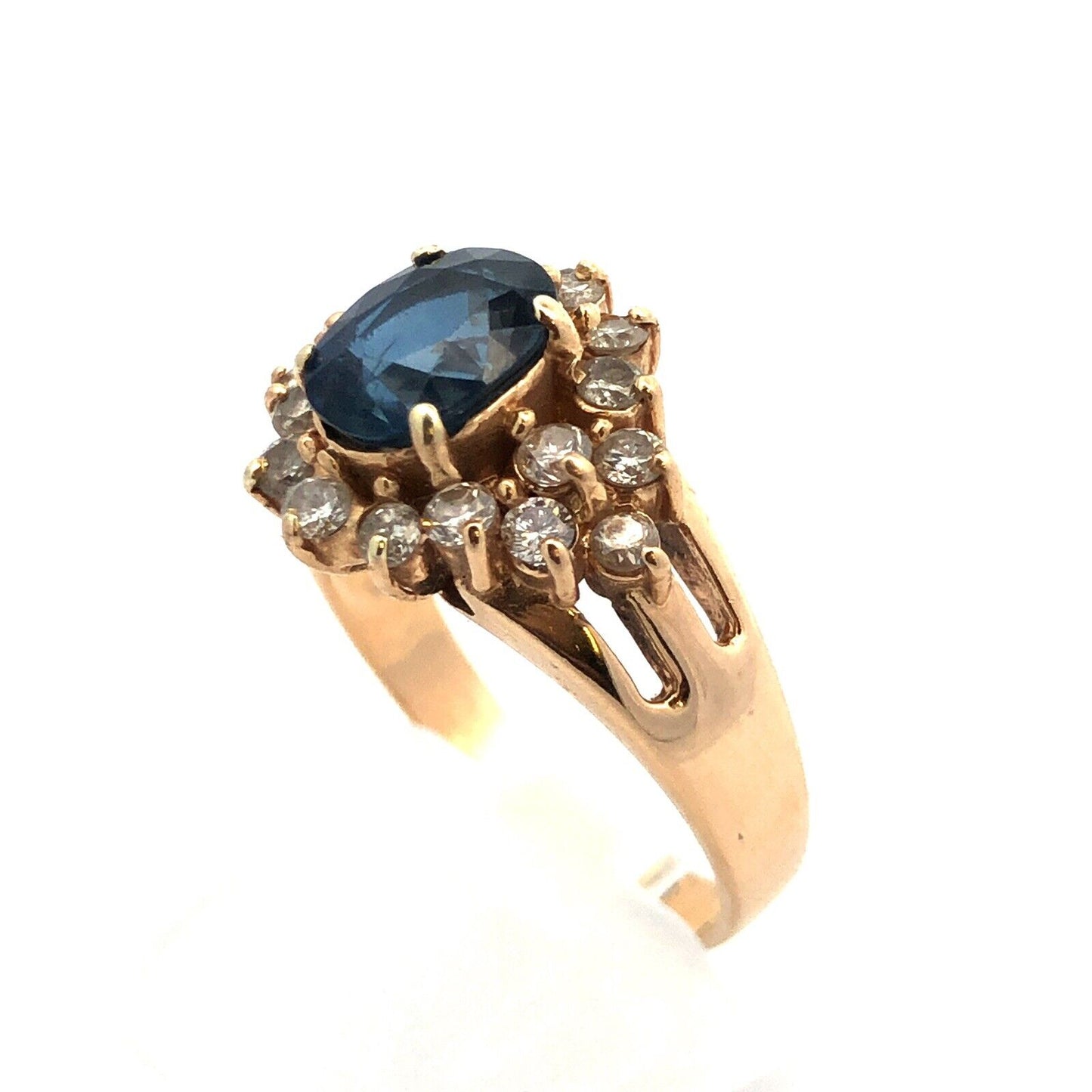 Vintage 14K Yellow Gold Oval Blue Sapphire Round Diamond Halo Anniversary Ring