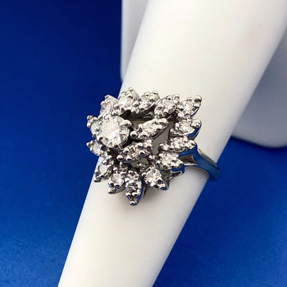 Art Deco 14K White Gold Diamond Free Form Heart Cluster Engagement Cocktail Ring