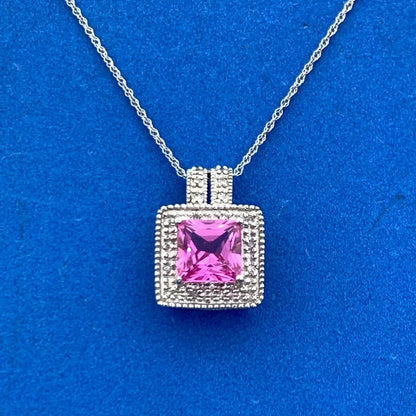 Designer 10K White Gold Princess Pink Sapphire Diamond Pendant Necklace