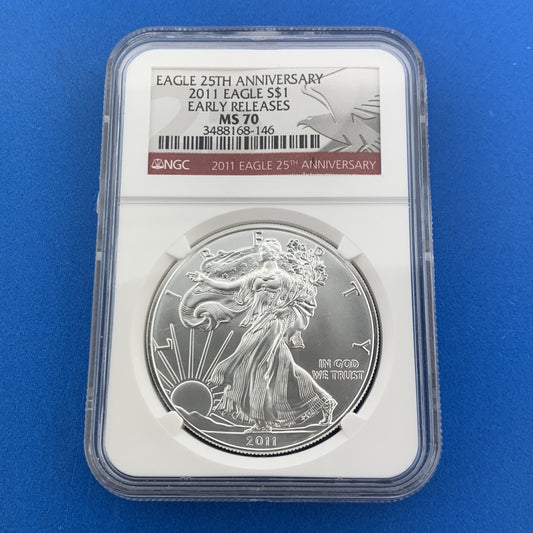 2011 $1 Silver Eagle 1oz 999 Fine Silver NGC MS70 25th Anniversary Early Release
