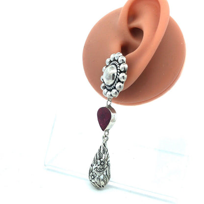 Designer CII Mexico 925 Sterling Silver Pear Ruby Floral Dangle Stud Earrings