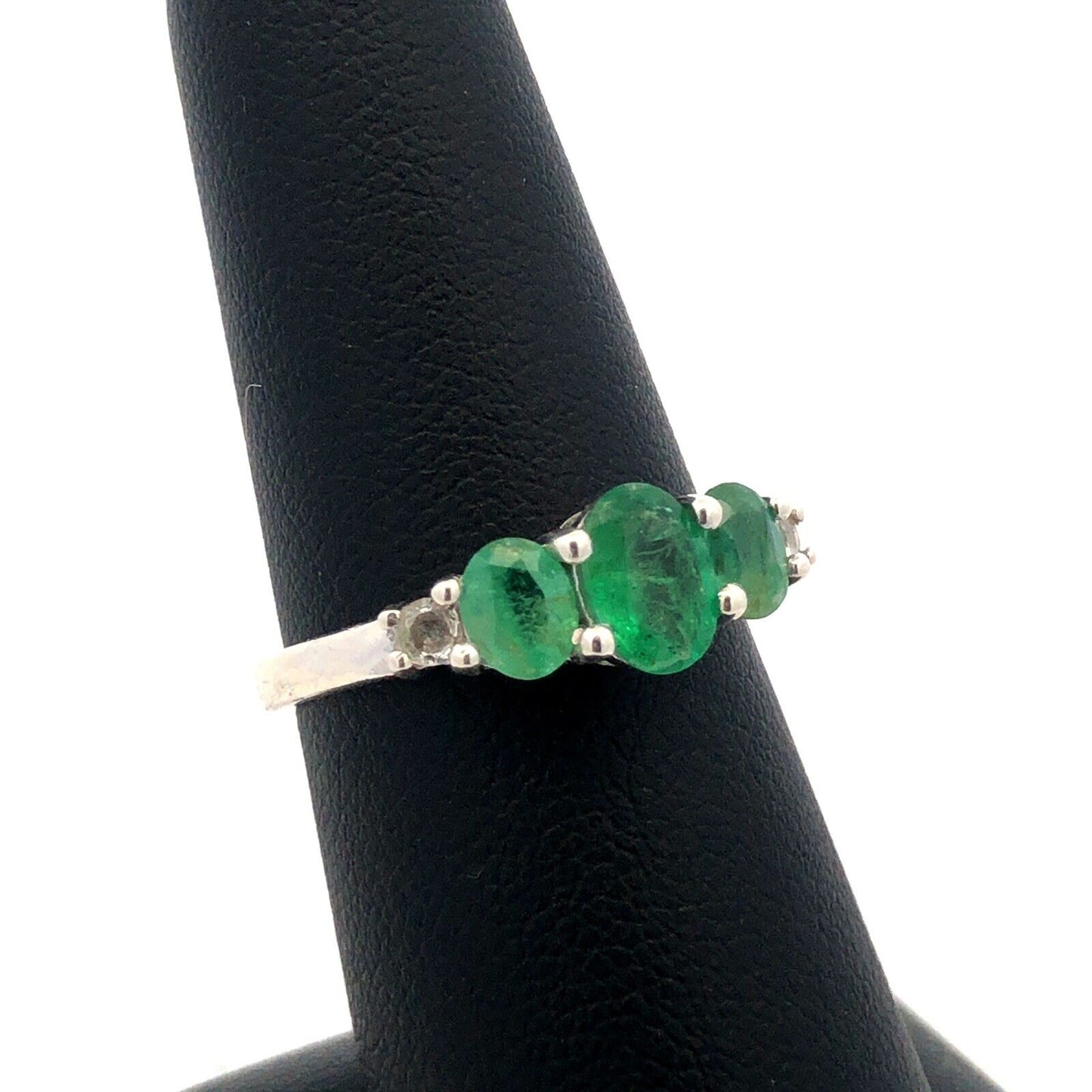 Designer TGGC 925 Sterling Silver Oval Emerald Trio White Amethyst Accent Ring
