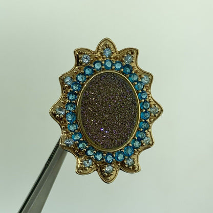 Designer 10K Yellow Gold Drusy Quartz Aquamarine CZ Statement Finger Ring