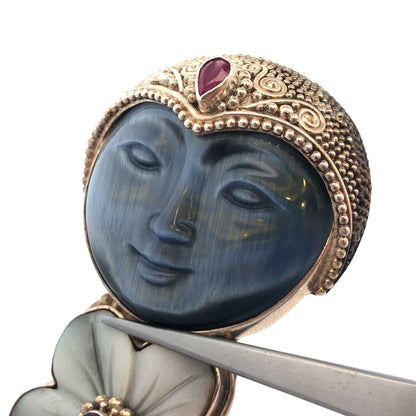 Designer Sajen 925 Sterling Silver Blue Cat's Eye Ruby Goddess Brooch Pendant