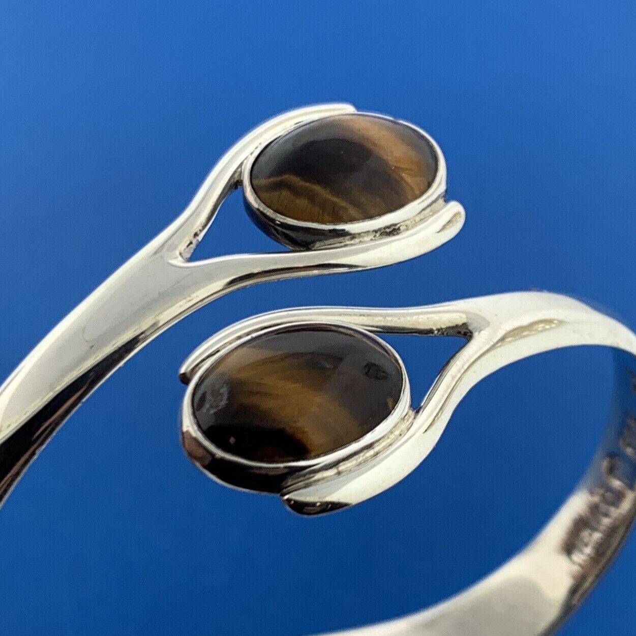 Mexican Sterling Silver 925 Tiger Eye's Quartz Bypass 6" Hinged Cuff Bracelet