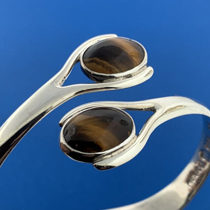 Mexican Sterling Silver 925 Tiger Eye's Quartz Bypass 6" Hinged Cuff Bracelet