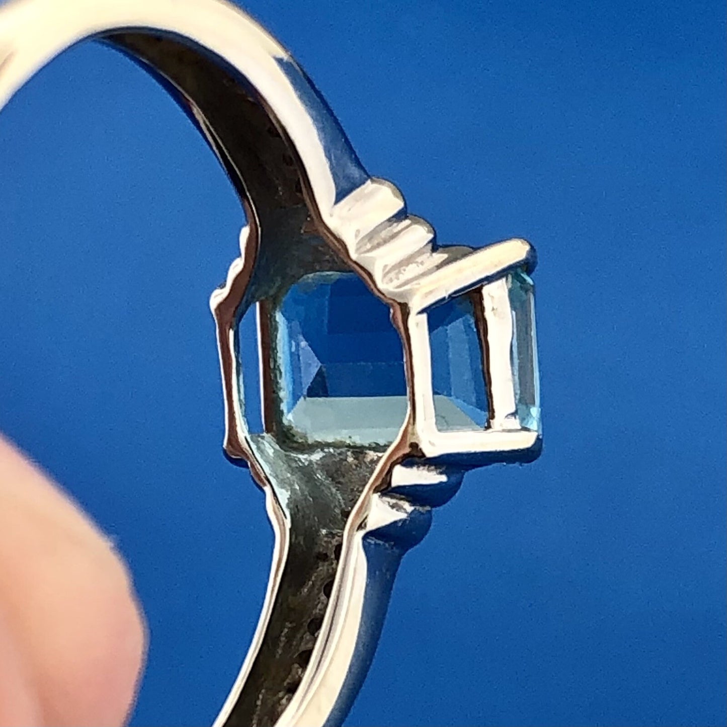 14K White Gold Rectangular Blue Topaz Diamond December Anniversary Cocktail Ring