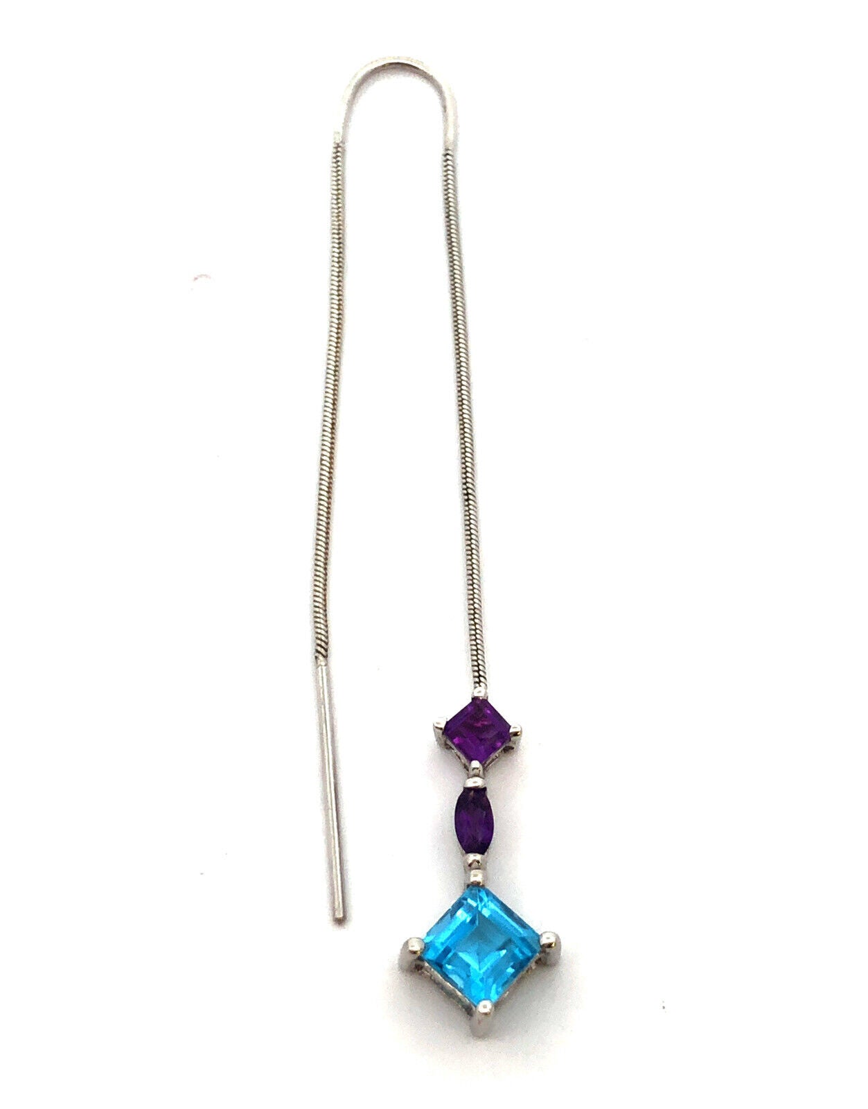 Designer 14K White Gold Blue Topaz and Amethyst Dangle Threader Earrings