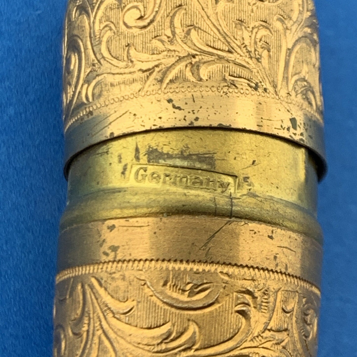 Antique German Germany Guilloche Floral Scroll Gold Tone Pendant Sewing Kit