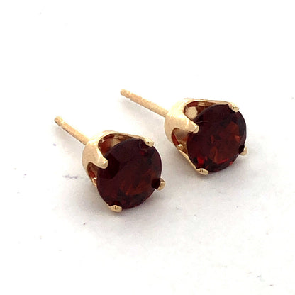 14K Yellow Gold Round Red Garnet January Anniversary Solitaire Stud Earrings