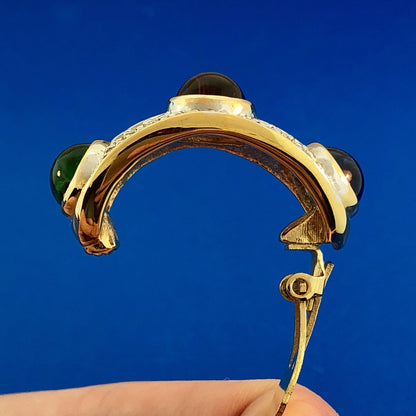 Vintage Runway Gold Tone Red Blue Green Glass Cabochon Rhinestone Clip Earrings