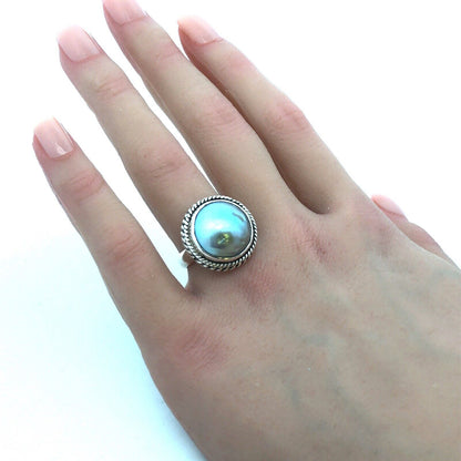 Vintage 925 Sterling Silver Round Akoya Pearl Bezel Solitaire Dome Ring