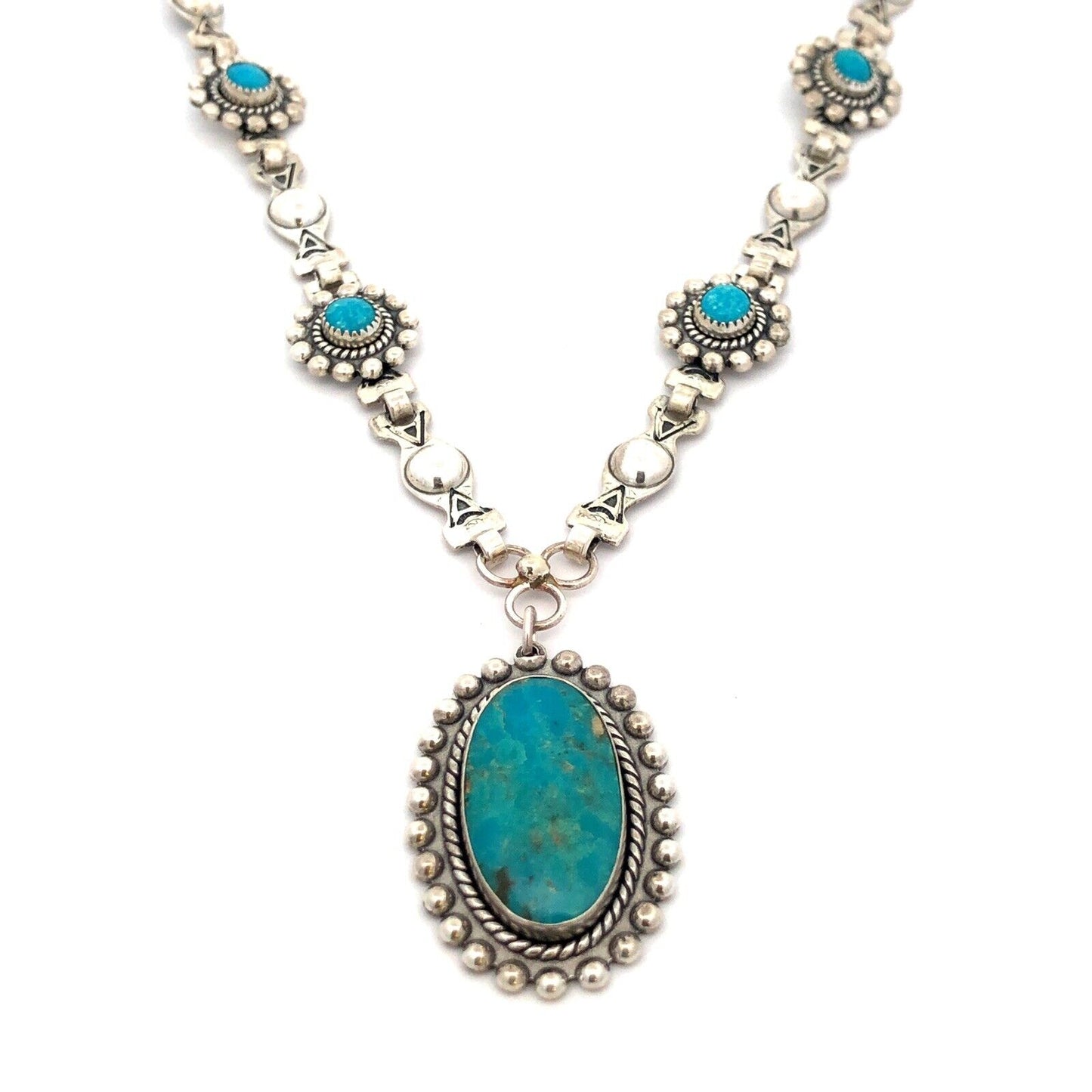 Native American 925 Sterling Silver Concho Turquoise Statement Pendant Necklace