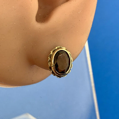 Vintage 14K Yellow Gold Oval Smoky Quartz Stud Earrings