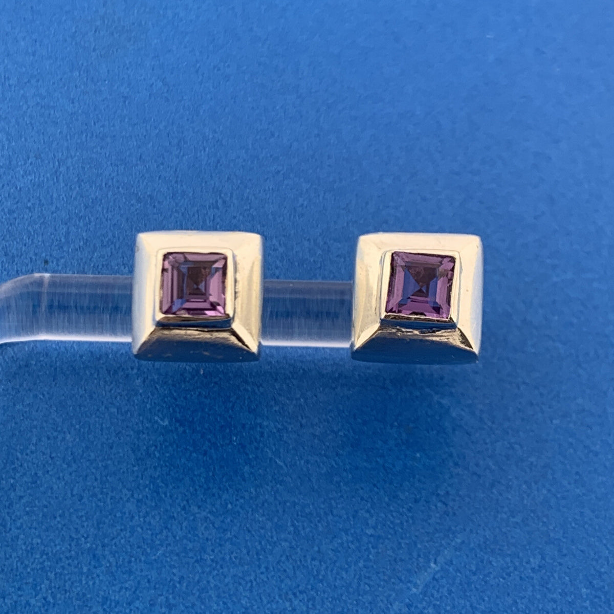 Designer 925 Sterling Silver Amethyst Square Cube Modernist Stud Earrings