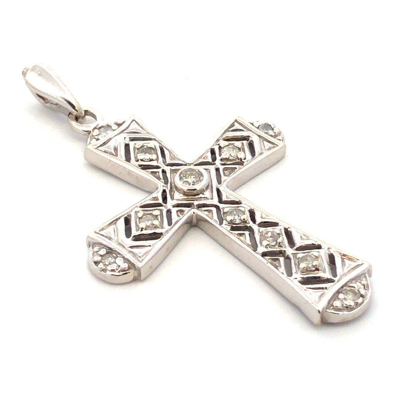 Designer 10K White Gold Diamond Accented Open Work Statement Cross Pendant