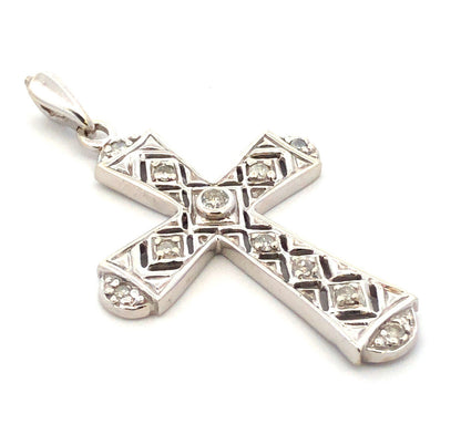 Designer 10K White Gold Diamond Accented Open Work Statement Cross Pendant