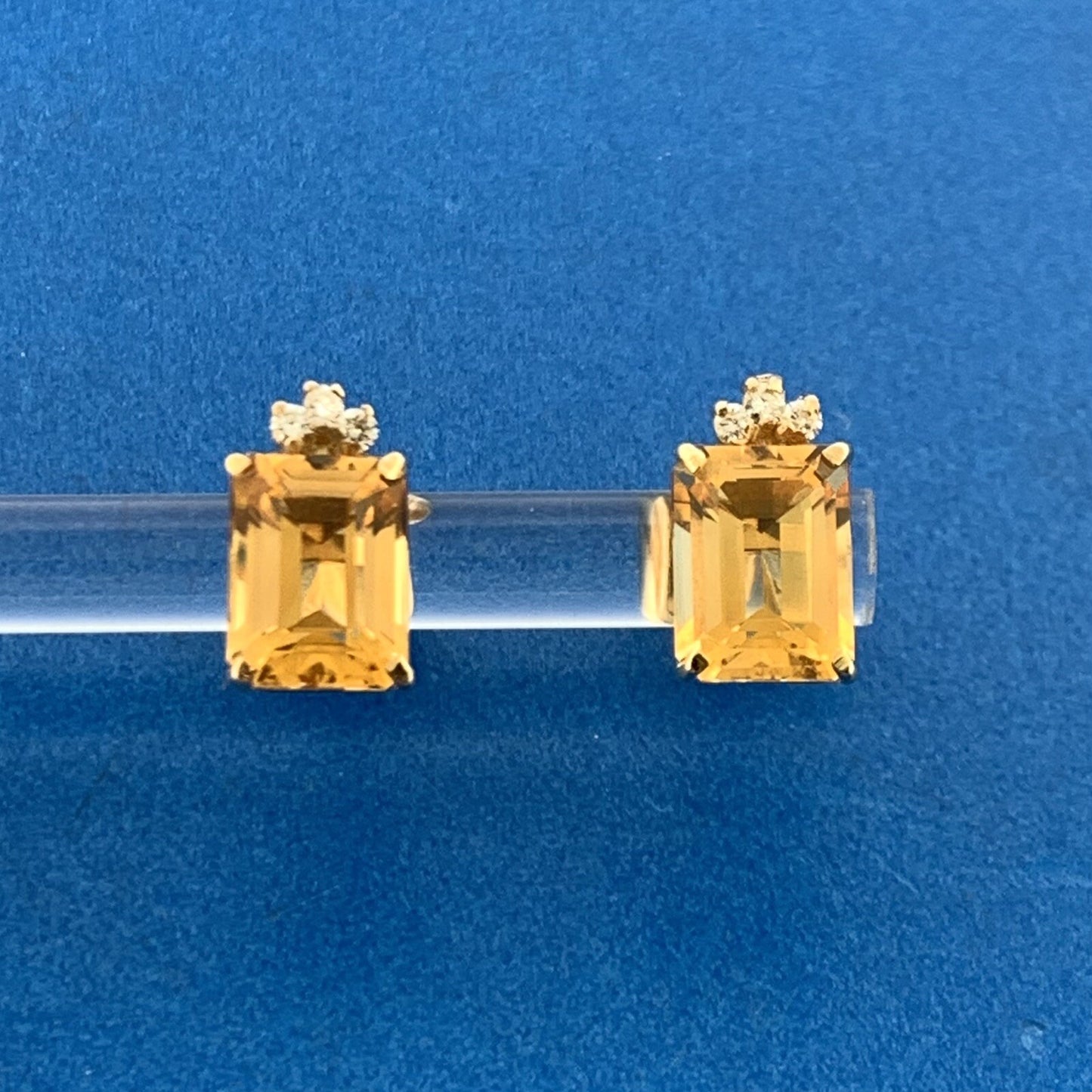 Gorgeous 14k Yellow Gold Emerald Cut Orange Citrine Diamond Accent Stud Earrings