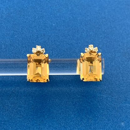 Gorgeous 14k Yellow Gold Emerald Cut Orange Citrine Diamond Accent Stud Earrings