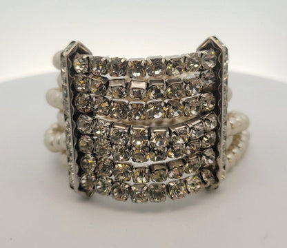 Vintage Runway Couture Silver Tone Faux Pearl Rhinestone Statement Cuff Bracelet