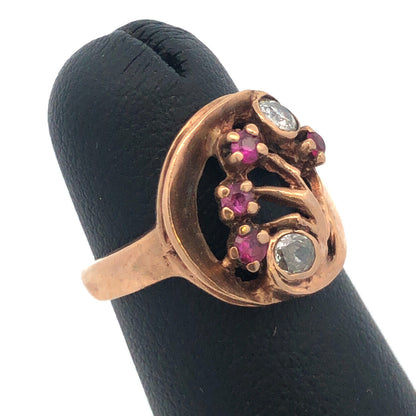 Vintage 14K Yellow Gold Diamond Ruby Free Form Cocktail Ring