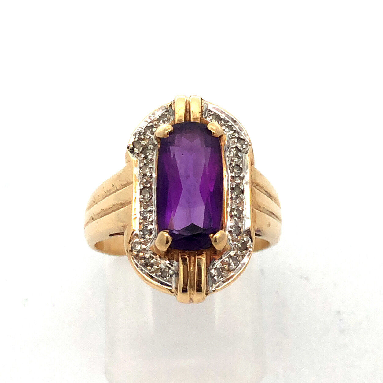 Vintage 14K Yellow Gold Oval Amethyst Diamond Halo Statement Anniversary Ring