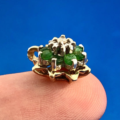 Estate 14K Yellow Gold Emerald Diamond Flower Cluster May Anniversary Pendant