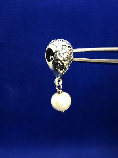 Retired PANDORA ALE 925 Silver Pink CZ Flower Pearl Dangle Charm 790546