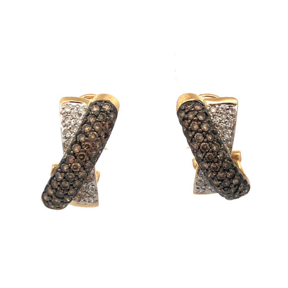 Designer 14K Yellow Gold Diamond Chocolate Vanilla Crossover Half Hoop Earrings