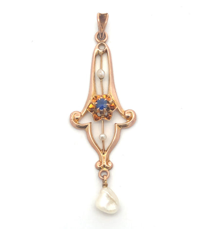 Art Nouveau 10K Yellow Gold Blue Glass Seed Pearl Drop Dangle Pendant