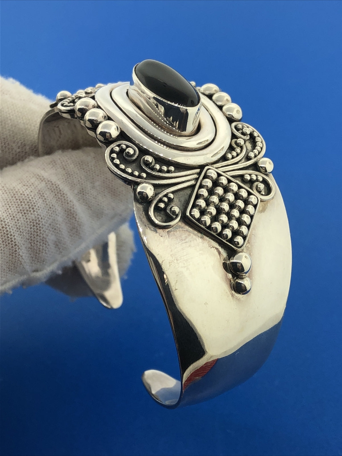 Designer BA Suarti Sterling Silver Black Onyx Balinese Statement Cuff Bracelet