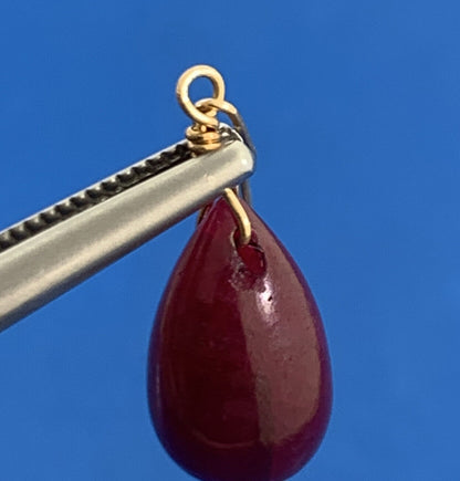 Modernist 14K Yellow Gold Ruby Teardrop Paper Clip Chain Dangle Earrings