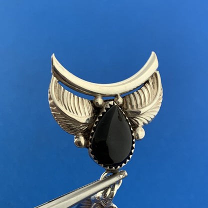 Navajo Designer Eddie Secatero Sterling Silver 925 Onyx Feather Dangle Pendant