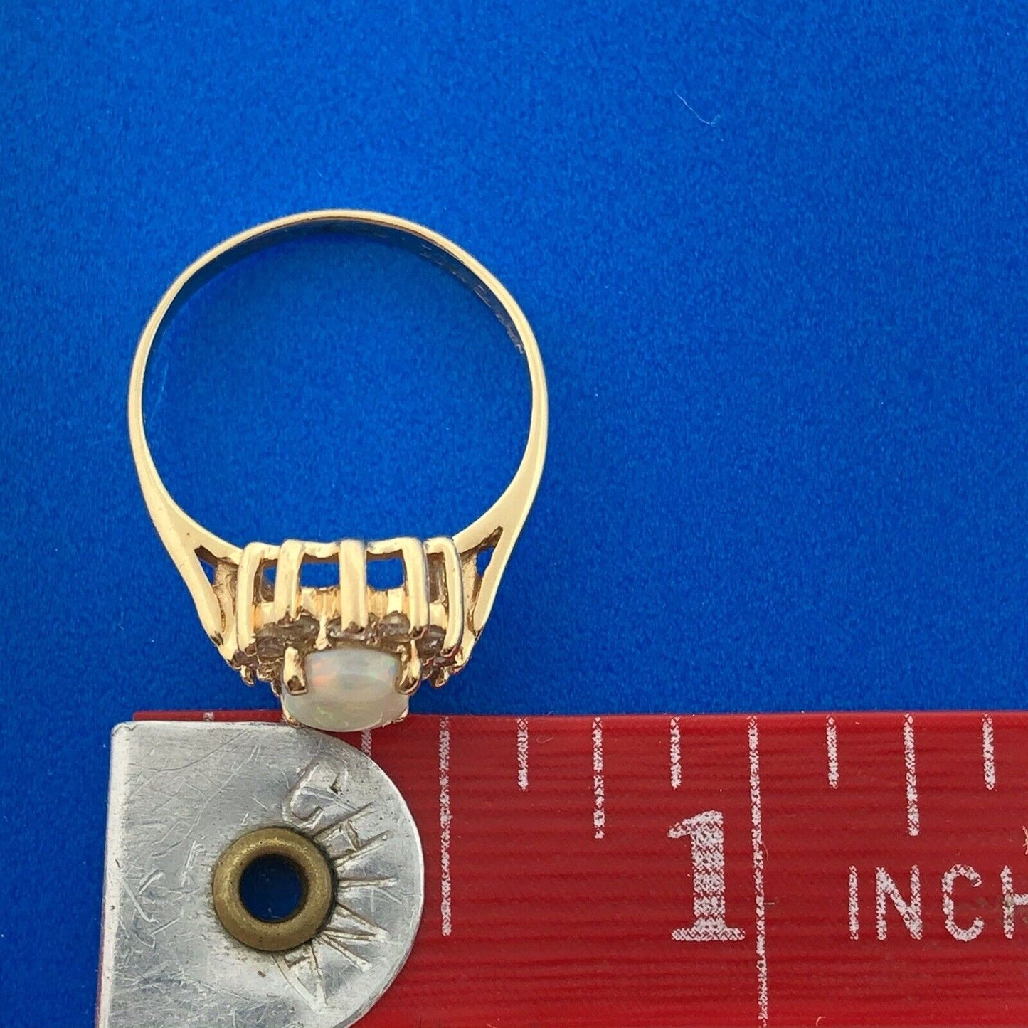 Estate 14K Yellow Gold Oval Opal Diamond Halo October Anniversary Cocktail Ring
