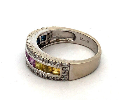 Designer 14K White Gold Multi Gemstone Diamond Mother's Anniversary Band Ring
