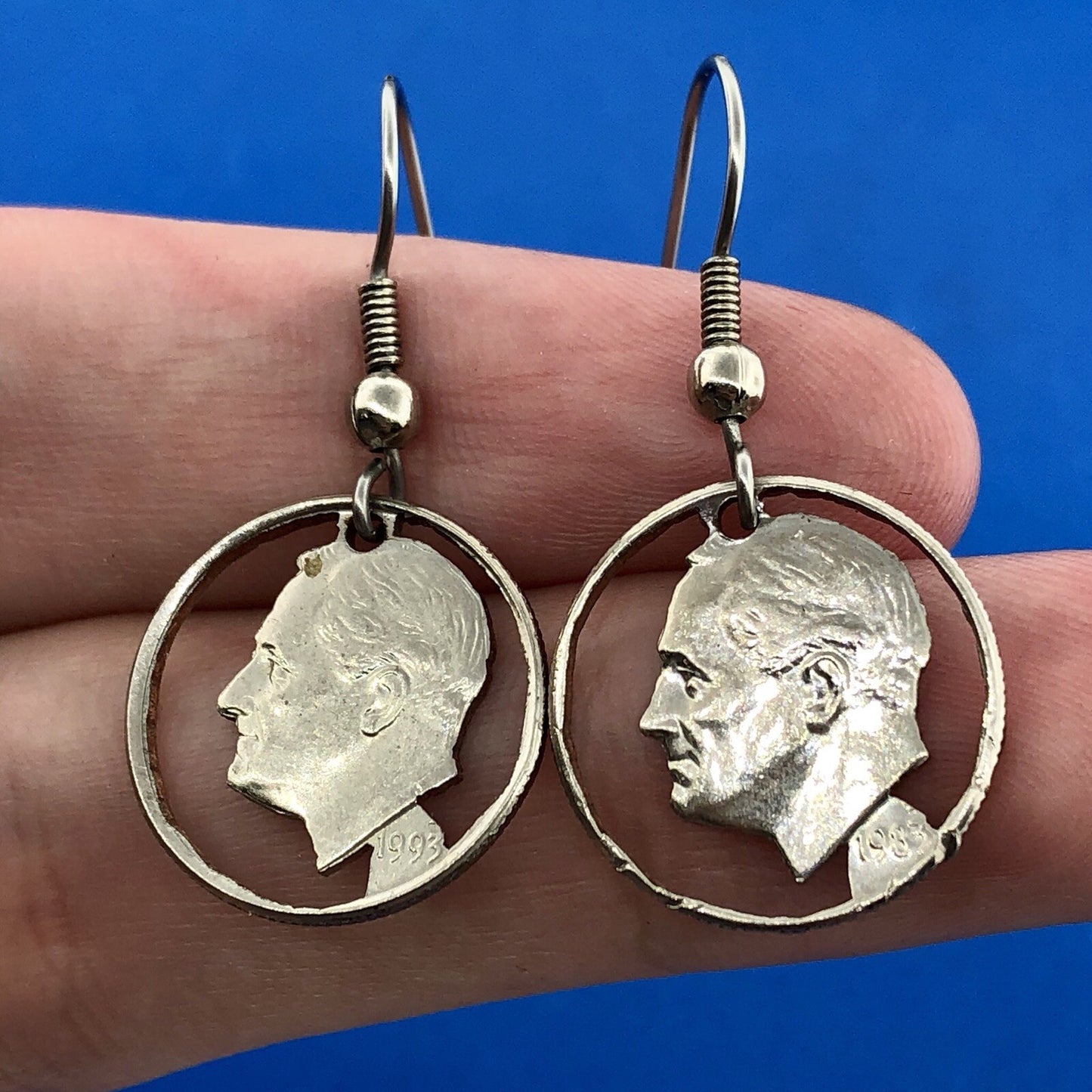 Estate Silver Tone Copper Nickel Roosevelt Dime Cutout Dangle Drop Earrings