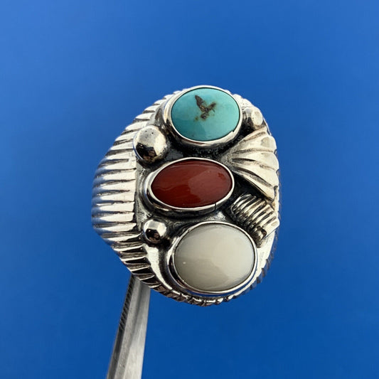 Designer Many Claw Sterling Silver 925 Turquoise Coral Agate Dome Ring Size 11