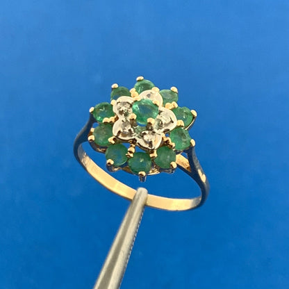 Vintage Designer 14K Emerald Diamond Accent Floral Cluster May Anniversary Ring