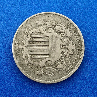 1867 P Shield Nickel Variety 2 Without Rays Better Key Philadelphia Type Coin