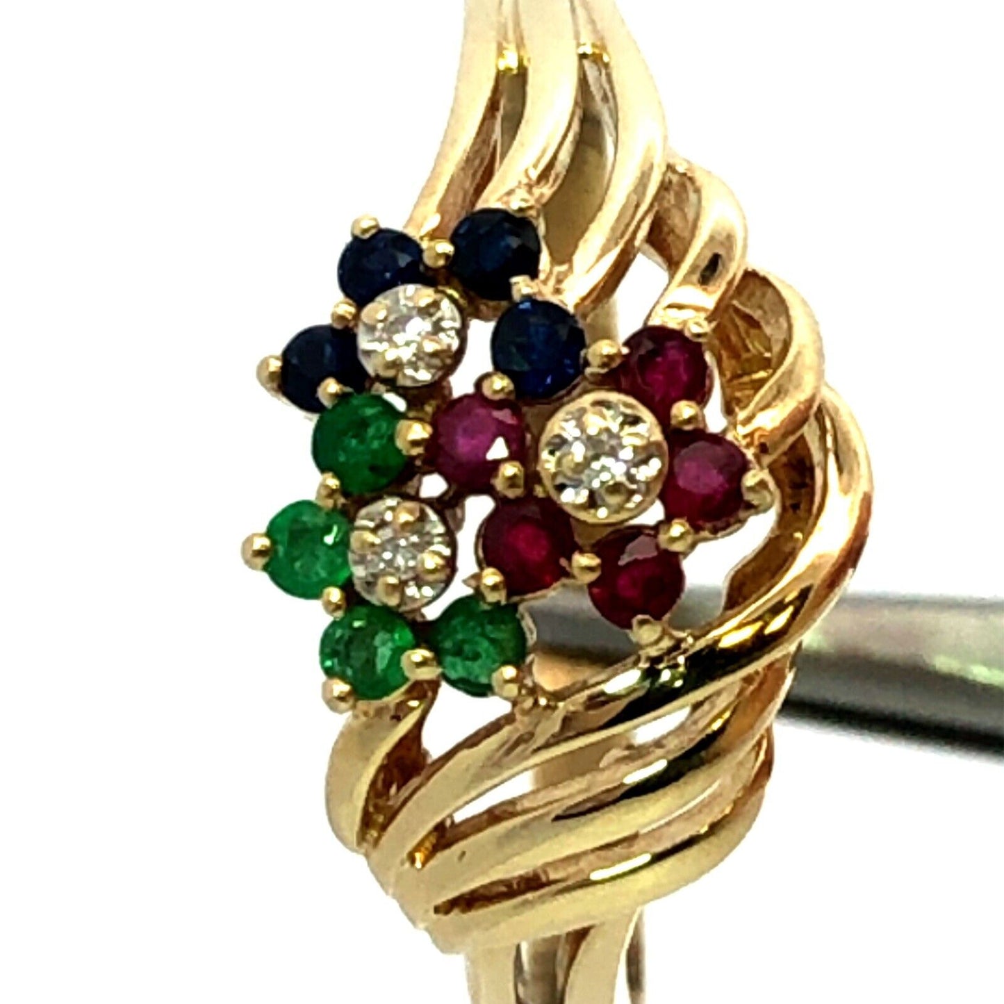 Designer 14K Yellow Gold Sapphire Ruby Emerald Diamond Flower Modernist Ring