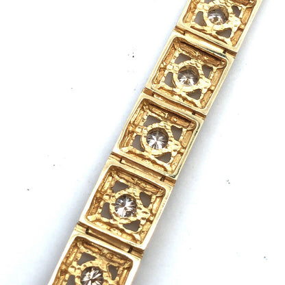 Designer 14K Yellow Gold Round Diamond Square Openwork Panel Tennis Bracelet