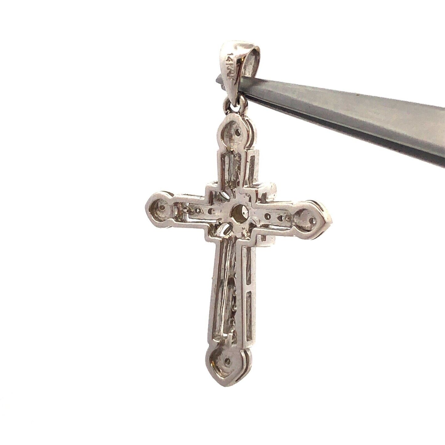 Designer 14K White Gold Diamond Encrusted Floral Religious Cross Pendant