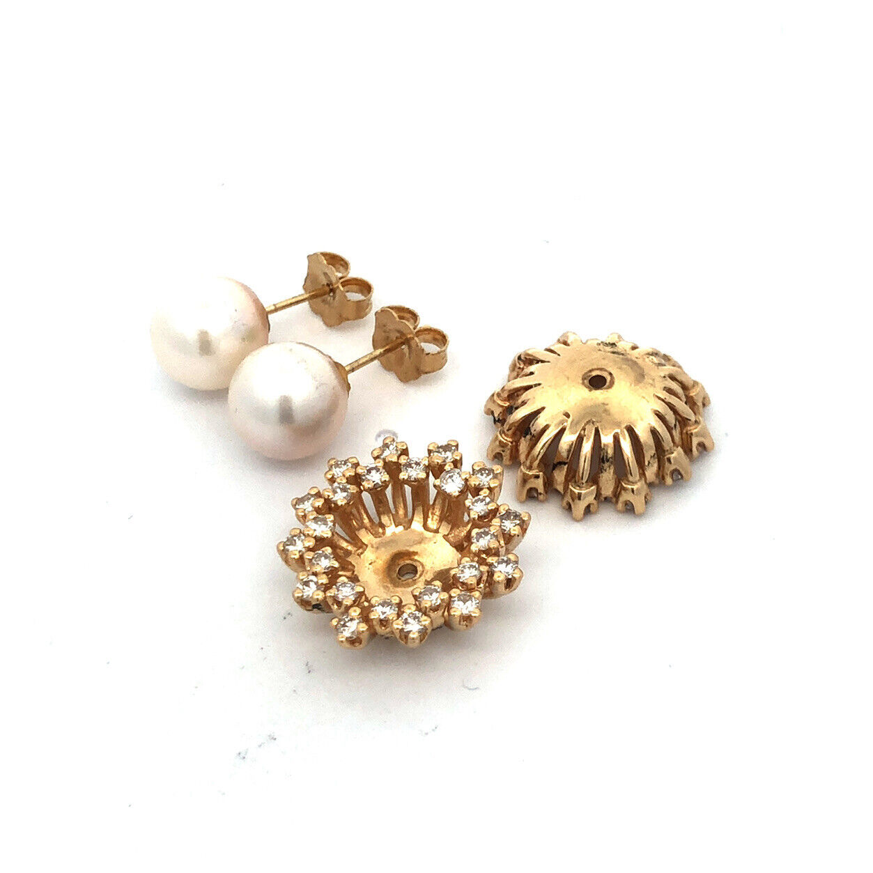 Designer 14K Yellow Gold Round Pearl Stud With Diamond Halo Earring Jackets