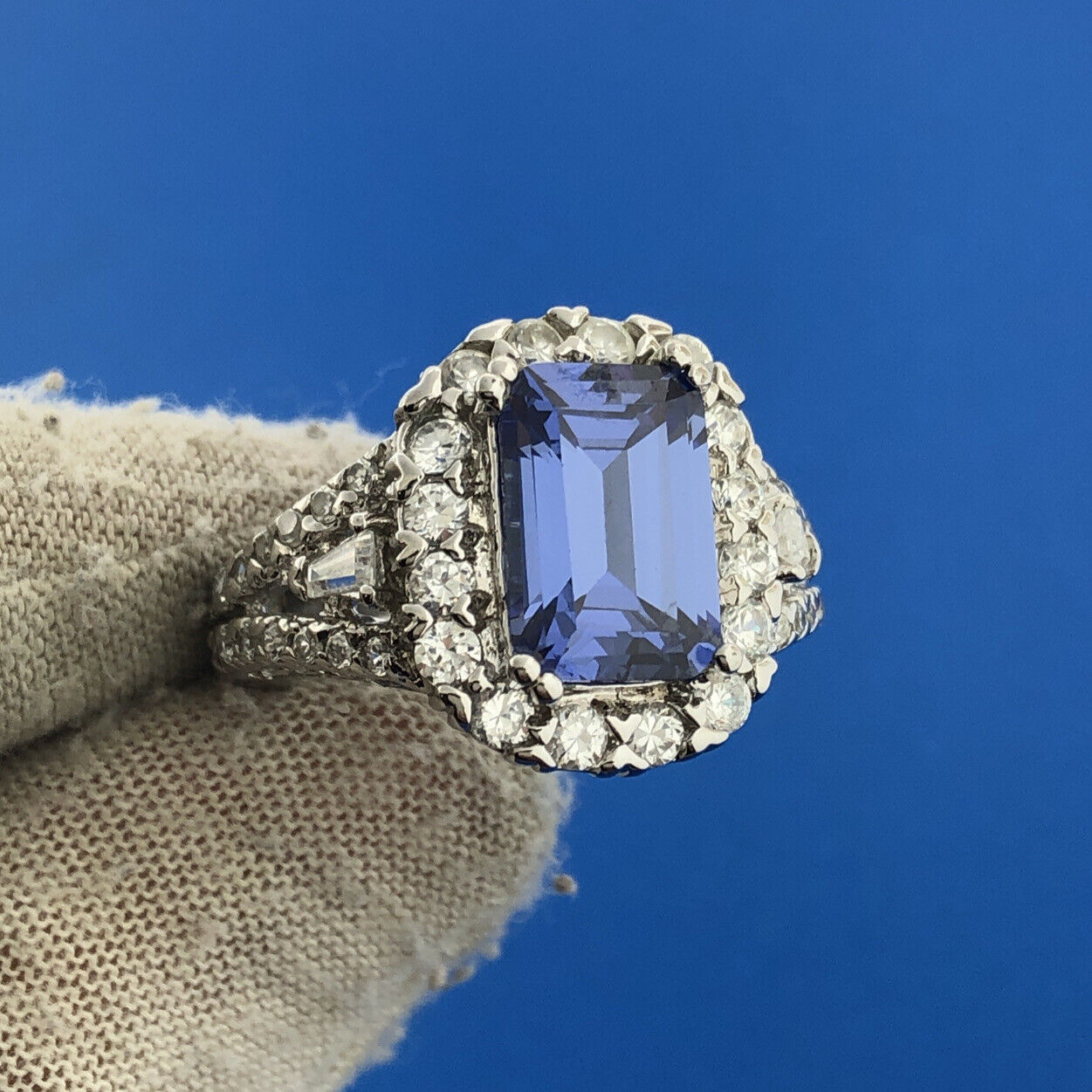 Dramatic 925 Sterling Silver Rectangle Blue Tourmaline CZ Accent Statement Ring