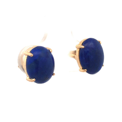 14K Yellow Gold Oval Cabochon Blue Lapis Lazuli Solitaire Stud Earrings