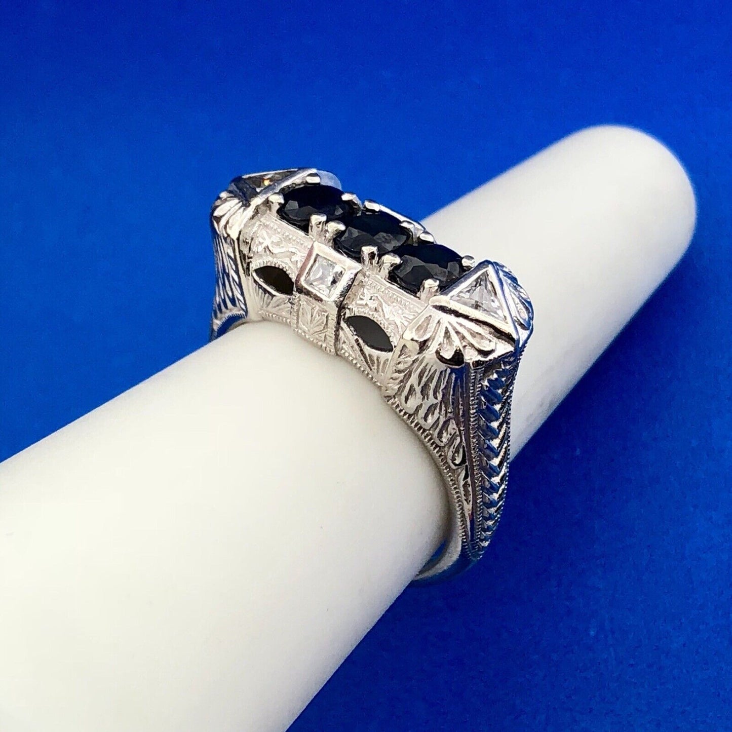 Art Deco Designer 14K White Gold Sapphire Cubic Zirconia CZ Anniversary Ring