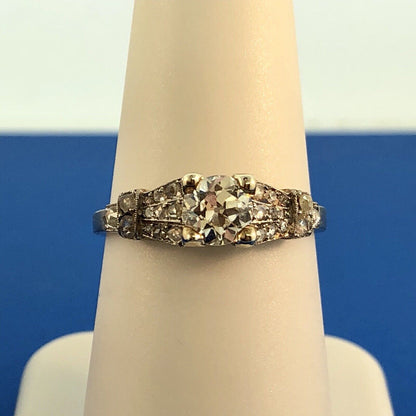 Art Deco Platinum European Mine Cut Diamond Solitaire W/Accents Engagement Ring