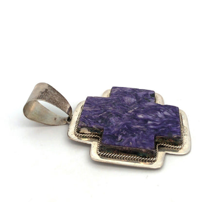 Native American Signed 925 Sterling Silver Charoite Statement Cross Pendant