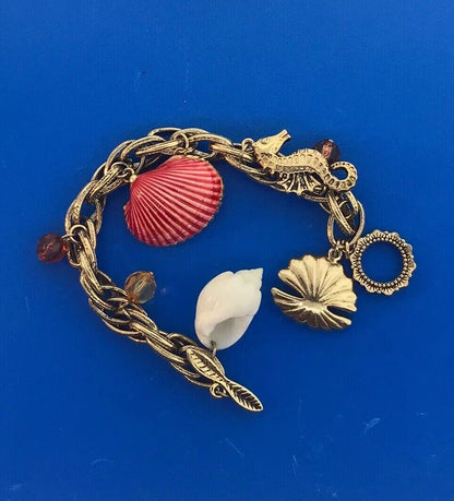Retro Gold Tone Seashore Ocean Beach Sea Horse Theme Beads Toggle Charm Bracelet