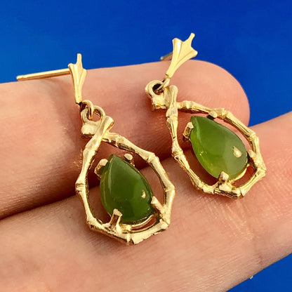 Vintage Estate 14K Yellow Gold Pear Jade Jadeite Bamboo Drop Dangle Earrings